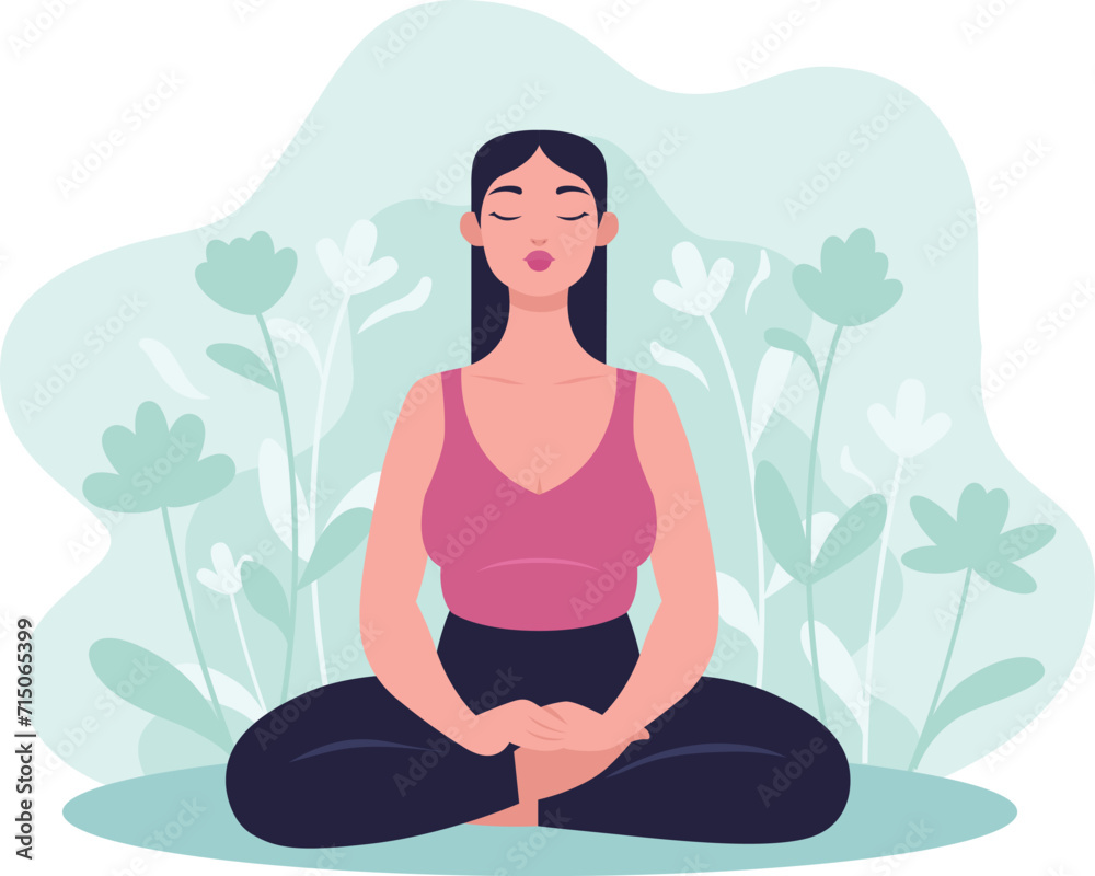 Vector illustration in flat style. Young happy woman doing yoga, meditation in lotus pose. Poster concept of healthy lifestyle and mental health