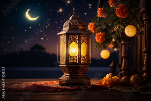  Ramadan Glow  Moon and Lantern in the Night Sky 