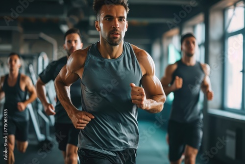 Determined man practicing jogging with male friends during exercise class in gym.