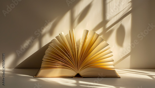 A book with open pages and a golden wall behind, admiring the intricate design and feeling a sense of luxury and peace