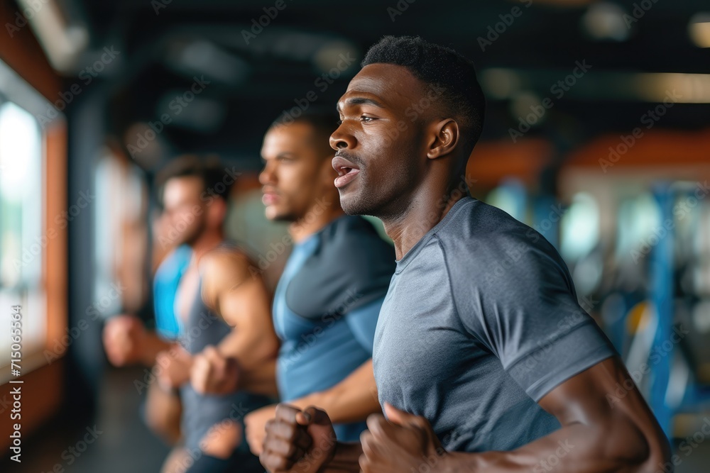 Determined man practicing jogging with male friends during exercise class in gym. Determined man practicing jogging with male friends during exercise class in gym.
