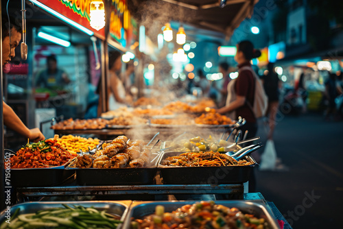 Assorted dishes and skewers at a twilight street food market. Culinary travel and local cuisine concept. Design for travel culinary guide, street food festival poster, local market promotion 
