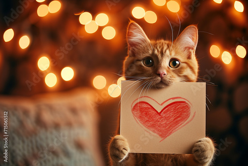 Cat Holding Up Paper with Heart Drawing, Cute Valentine's