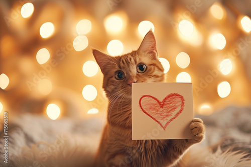 Cat Holding Up Paper with Heart Drawing, Cute Valentine's