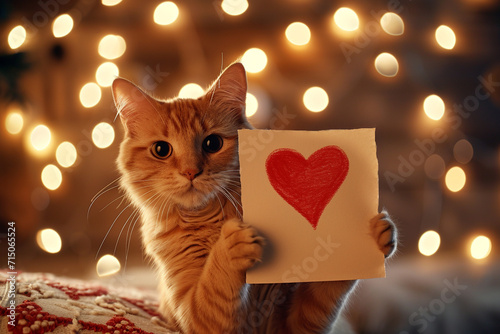 Cat Holding Up Paper with Heart Drawing, Cute Valentine's