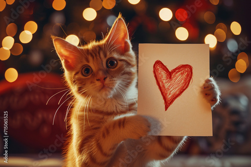 Cat Holding Up Paper with Heart Drawing, Cute Valentine's