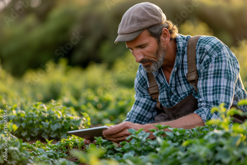 Farmer using a tablet to check crops in a sunny field