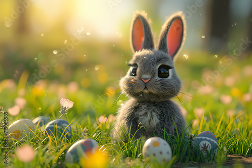 A playful domestic rabbit hops among vibrant flowers and lush grass, carefully guarding its colorful easter eggs