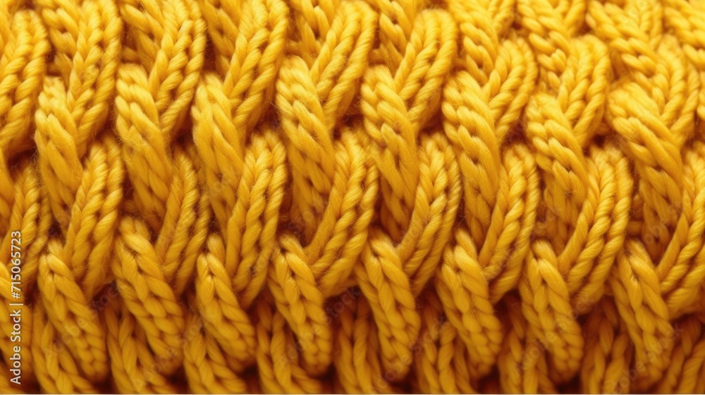 Knitted texture of yellow wool threads close-up. Texture of a yellow knitted sweater. Realistic large yellow knitting 3D background. Collection of knitted backgrounds. Generative ai.