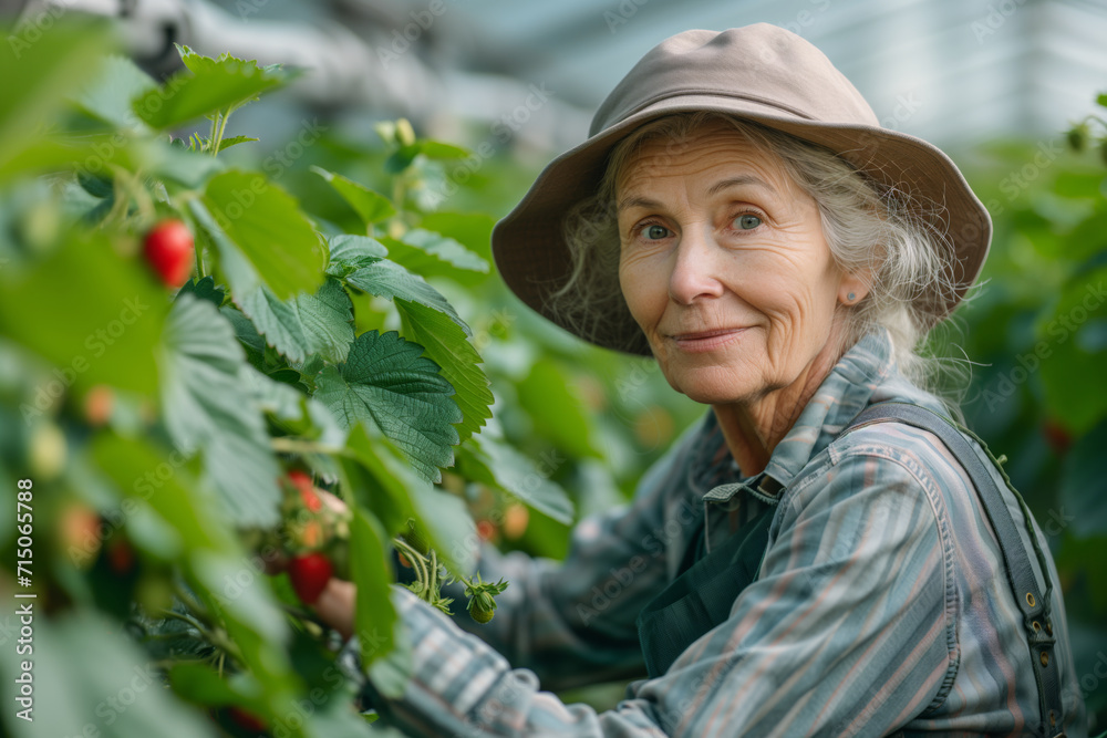 Senior woman in hat harvest strawberries in greenhouse
