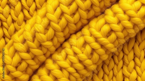 Knitted texture of yellow wool threads close-up. Texture of a yellow knitted sweater. Realistic large yellow knitting 3D background. Collection of knitted backgrounds. Generative ai.
