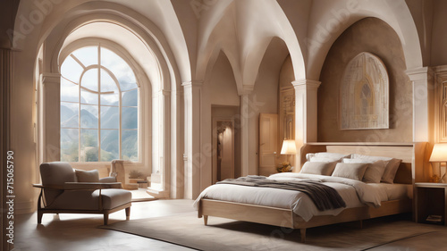 Ultra realistic photo of Modern take on rivendell inspired small condo white cream stone, light wood round arches interor view of bedroom
