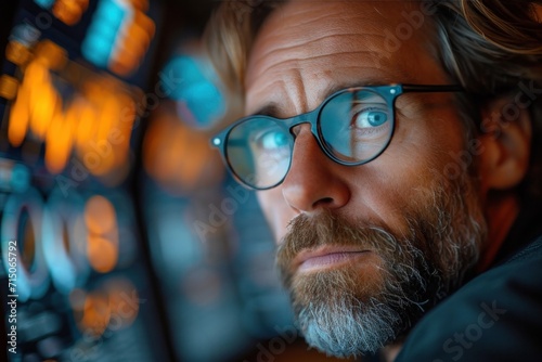 Confident businessman in eyeglasses, focused on technology, thoughtful and successful in a modern office setting at night.