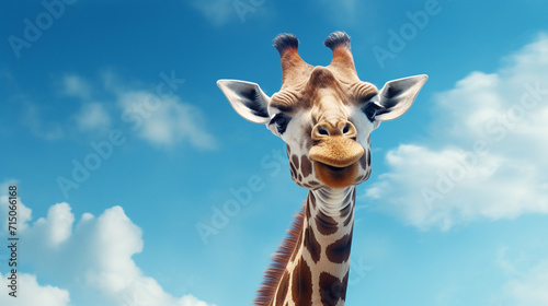 Giraffe close up isolated on blue sky background