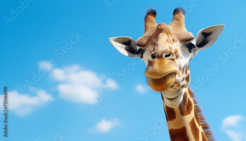 Giraffe close up isolated on blue sky background