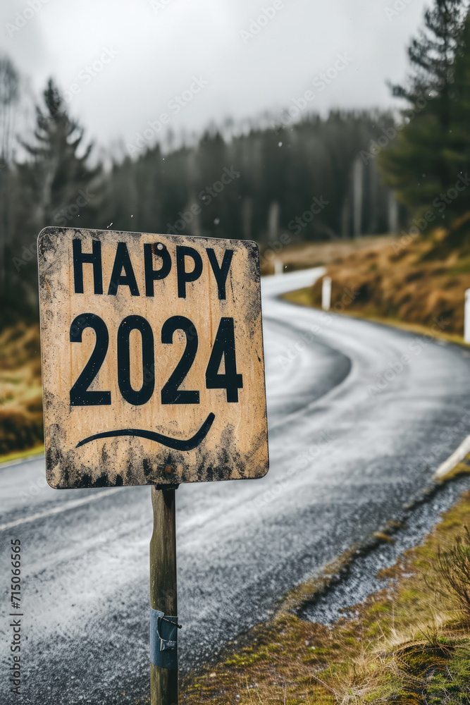 Old road sign on the edge of the road with the inscription - Happy 2024. AI generated