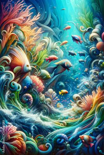 Coral Reef Euphoria. Lively coral reef scene with colorful fish and ocean flora.