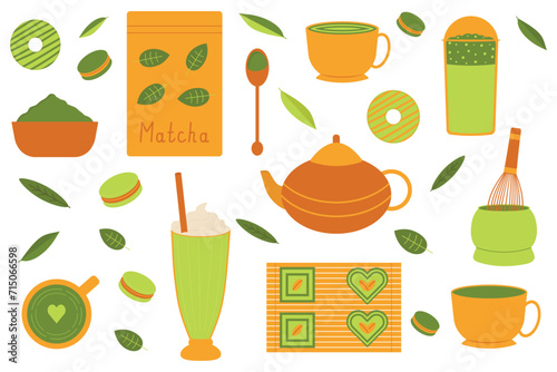 Matcha tea. Set of elements for the tea ceremony of preparing matcha with desserts. Vector illustration, EPS 10.