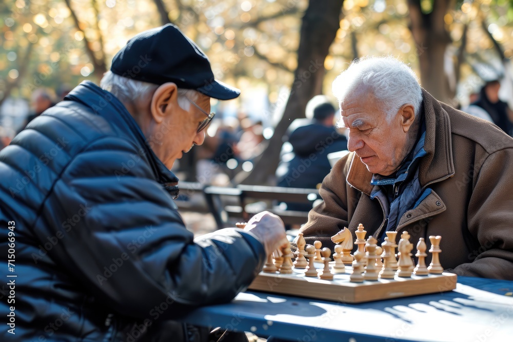 Elderly best friends playing chess in public park, having fun together. Elderly best friends playing chess in public park, having fun together.