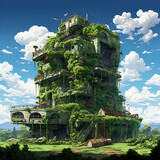 a building with a bunch of plants growing on it's side and a sky background with clouds and trees