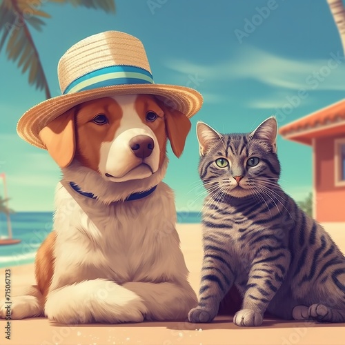  Cat and Dog Summer Holiday with Generative AI Illustration