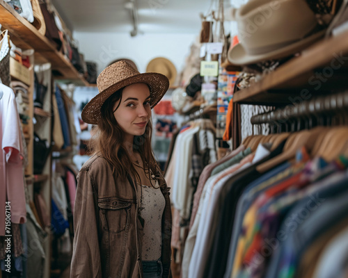 Young woman browsing in a vintage clothing store. Casual fashion and sustainable shopping concept. Design for lifestyle poster, thrifty fashion theme, boutique background 