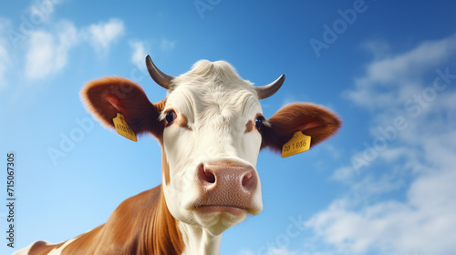 Close up cow on blue sky background