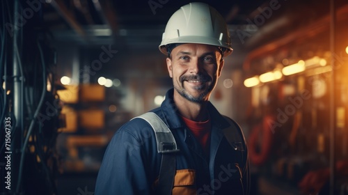 Portrait of male engineer worker wearing safety uniform, electrician photo