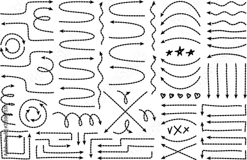 Dot arrow dash line trace. Broken stroke with angle, wavy, curved and spiral shapes. Circle loop and arched round doodle thin swirls. Travel map direction pointer set.