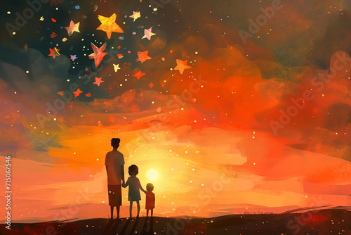 Three silhouetted figures, adult and a child, stand hand in hand under a sky transitioning from sunset to starry night. The sky is a canvas of warm oranges and reds giving way to the dark.