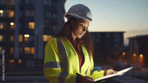 Woman with high vis jacket and hard hat, looking at tablet standing in industrial site, at sunset