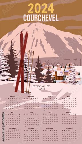 Calendar 2024 Ski Courchevel resort Vintage wall poster
