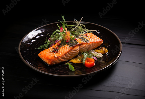 cooked salmon steak with vegetables and spices on a black plate isolated