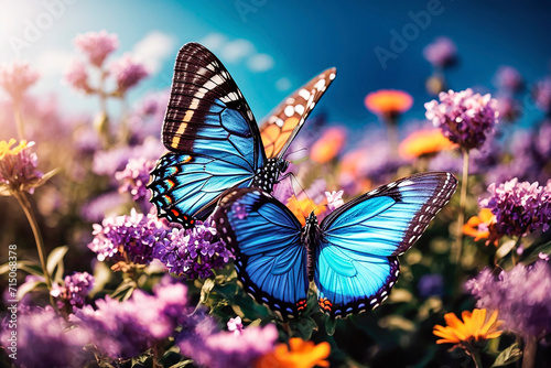 Blue butterflies fly over flowers in the garden