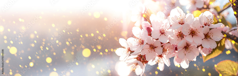 Cherry blossom branch on a defocused background with glare and bokeh