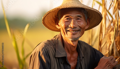 Asian farmer man is smiling out of the field. Agriculture, fair trade, ethics, world produce. Rice fields, The Next Generation of Farmers photo