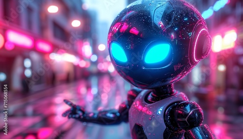 Dancing alien robot on a metal background with bright neon lights ,generative ai
