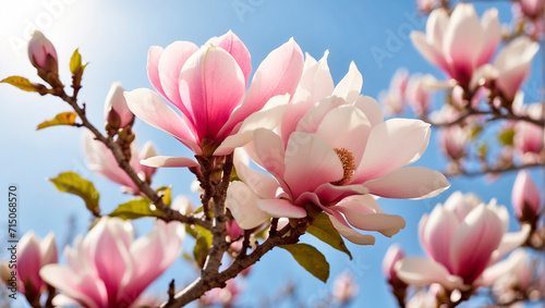 Close-up of a blooming magnolia branch against a blue clear sky
