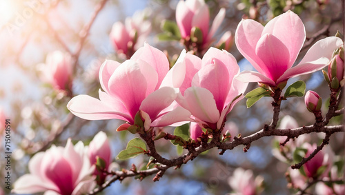 Close-up of a blooming magnolia branch against a blue clear sky