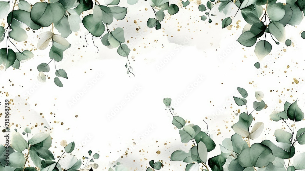 Frame of eucalyptus branches and green and gold leaves in watercolor technique, isolated on a white background. lie flat, space for text - obrazy, fototapety, plakaty 