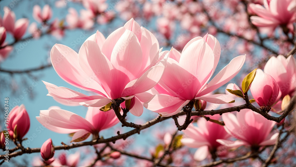 Obraz premium Close-up of a blooming magnolia branch against a blue clear sky