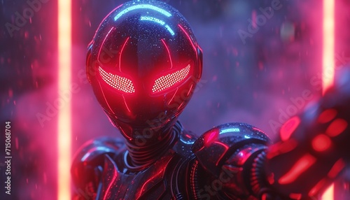 Dancing alien robot on a metal background with bright neon lights ,generative ai
