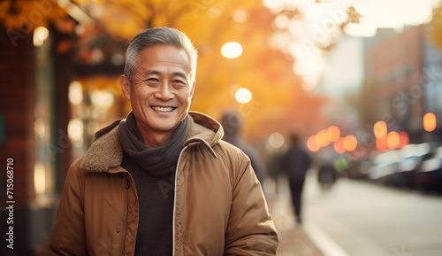 Asian man is smiling outdoors in the city. Winter clothing. Portrait of happy senior man in winter jacket looking at camera.