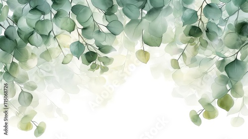 Frame of eucalyptus branches and green and gold leaves in watercolor technique, isolated on a white background. lie flat, space for text