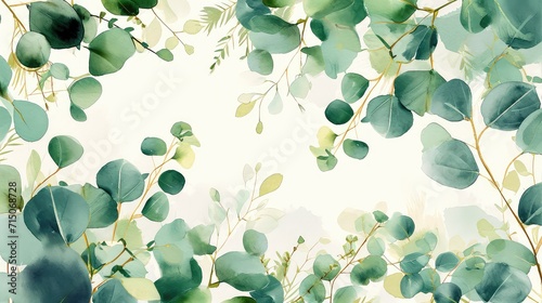 Frame of eucalyptus branches and green and gold leaves in watercolor technique, isolated on a white background. lie flat, space for text