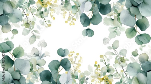Frame of eucalyptus branches and green and gold leaves in watercolor technique, isolated on a white background. lie flat, space for text © DZMITRY