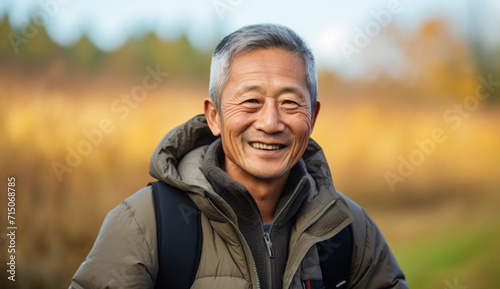 Asian man is smiling outdoors in the city. Winter clothing. Portrait of happy senior man in winter jacket looking at camera.