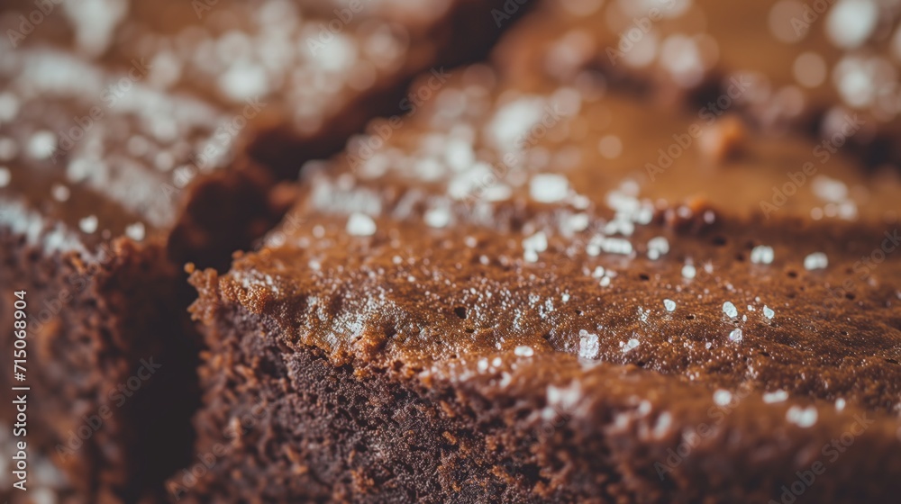 Macro shot of a moist chocolate brownie sprinkled with sugar, focusing on texture