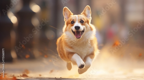 Funny and crazy welsh corgi. Corgi dog on blurred summer background © brillianata