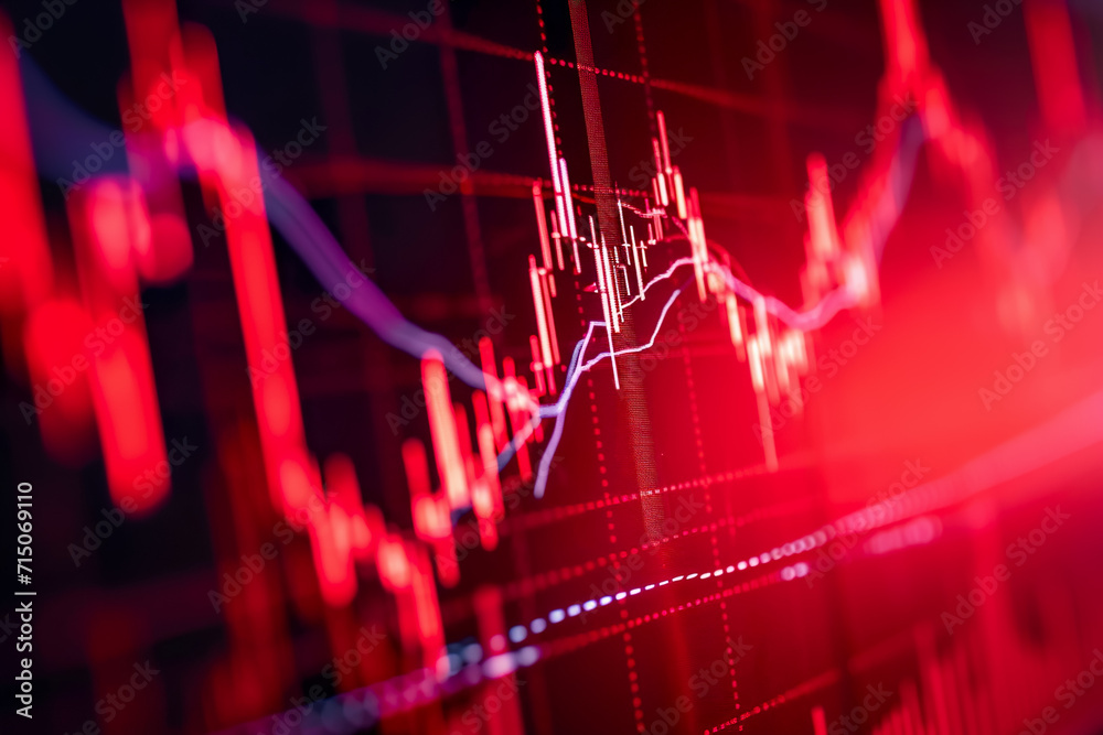 candlestick stock chart with a red background and a blue line. Stock ...